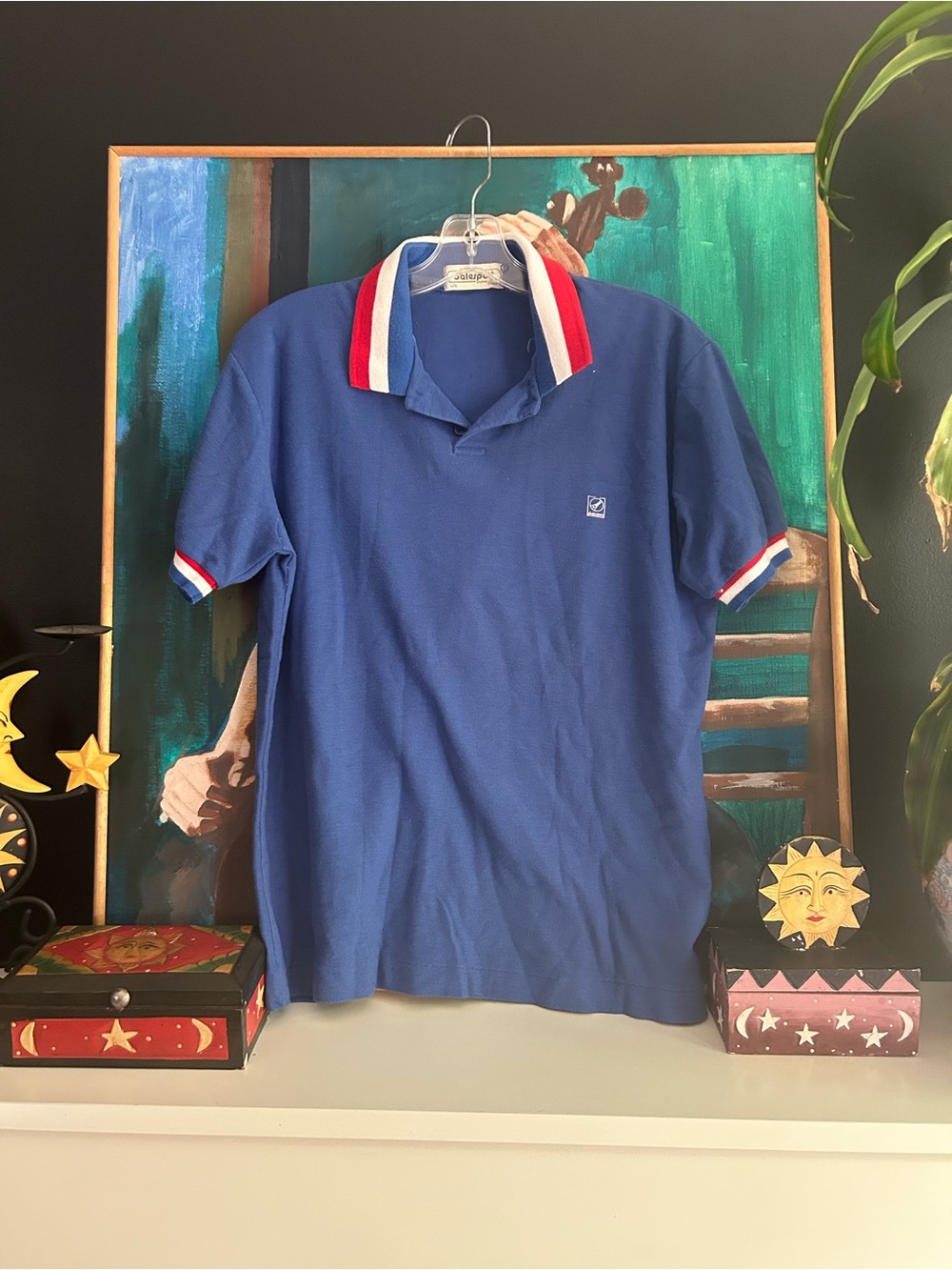 Vintage 80s Dalesport Blue Polo Shirt Red White Trim Men’s Large Preppy